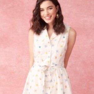 Modcloth Traveler Brunch Dress and matching yellow cardigan